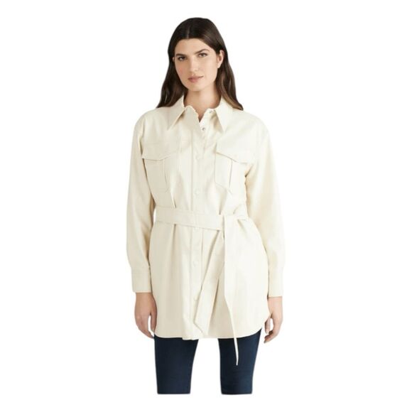 NVLT Vegan Leather Belted Shacket Jacket Ivory Snap‎ Front Long Line S - Picture 1 of 9